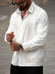 Manfinity LEGND Plus Size Men's Front Button Long Sleeve Printed Casual Shirt - White - View 5