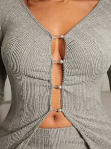 SHEIN SXY 2pcs Set Fleece Long Sleeve Top And Flared Pants, Autumn Winter - Khaki - View 5