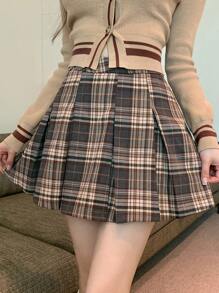 DAZY Falda plisada de línea A de moda casual y sencilla para mujer, a cuadros para uso diario