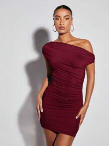 SHEIN BAE Damen elegantes, sexy, einfarbiges Minikleid mit asymmetrischem Ausschnitt und Raffungen