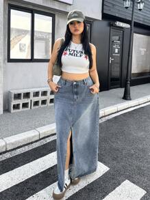 SHEIN ICON Váy denim chữ A xẻ tà thường ngày cỡ lớn - Màu xanh lam - Xem 6