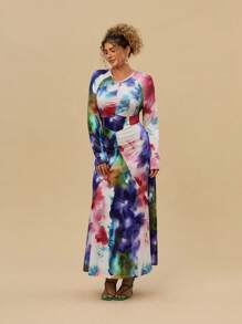 SHEIN VCAY Vestito con coulisse in stile acquerello e Tintura a nodi, taglie comode, girocollo, maniche lunghe, vestito aderente in maglia, adatto per vacanze, spiaggia, festa, stile occidentale - Multicolore - Visualizzare 4