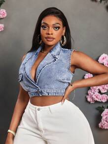 SHEIN SXY Plus Size Women's Denim Top Blue Sexy Fit Sleeveless Vest New Years Outfit New Years Top Women Tops Summer Women Tops Summer Women Clothes New Years Summer Holiday Tops