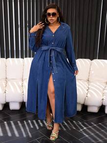 SHEIN SXY Plus Size Front Button Long Sleeve Simple Casual Long Dress