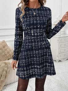 SHEIN Clasi Women Elegant Round Neck Long Sleeve Plaid Short Dress, Autumn/Winter