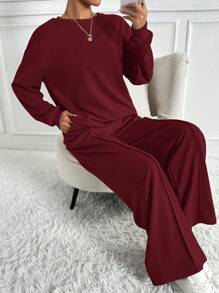 Chiquease Bộ 2 áo thun dài tay cổ tròn màu trơn và quần dài, bộ trang phục thường ngày cho năm mới - Đỏ - Xem 5