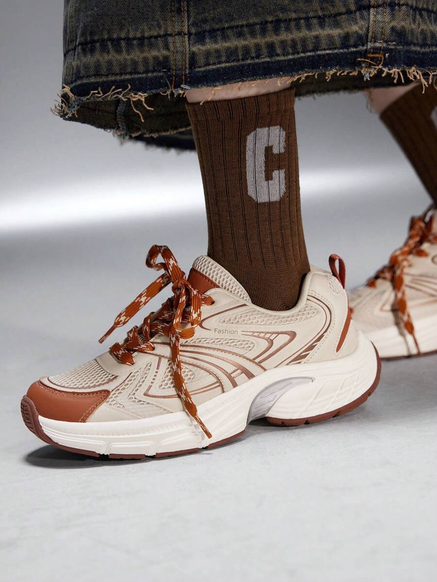 Vate 女士米色时尚潮流设计户外厚底运动鞋，耐用减震，适合日常穿着、度假、节日礼物，厚底厚底坡跟增高 - 彩色 - 查看 1