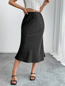 Chiquease Satin Jacquard A-Line Skirt, Casual And Fashionable For Everyday Wear - Black - View 3