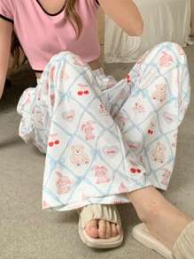 DAZY Cute Bear & Rabbit Cartoon Allover Print Loose Pajama Bottoms - Apricot - View 7