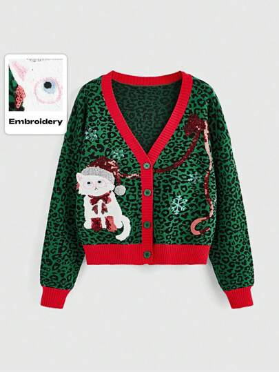 Warm Thermal Holiday & New Year Adorable Mori Style Elegant Christmas Bow Embroidered Sequin Cat & Leopard Color Block Cardigans For Women