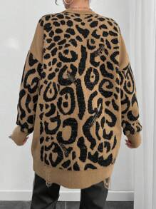 EURMUSE Women Round Neck Leopard Animal Print Drop Shoulder Loose Fit Sweater Pullover - Multicolor - View 2