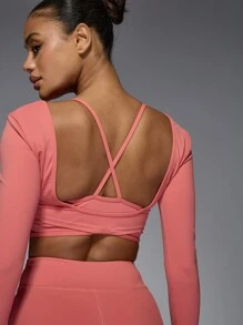 MISSGUIDED Baseball Double Layer Strappy Long Sleeves Sports Crop Top - Watermelon Pink - View 5