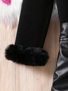 SHEIN 2 件年轻女孩通勤休闲时尚蝴蝶印花上衣 + 皮裙套装，秋冬新款长袖 T 恤，蓬松袖口，个性蝴蝶结系带皮裙，韩版，温暖，时尚，适合各种场合 - 黑色 - 查看 8