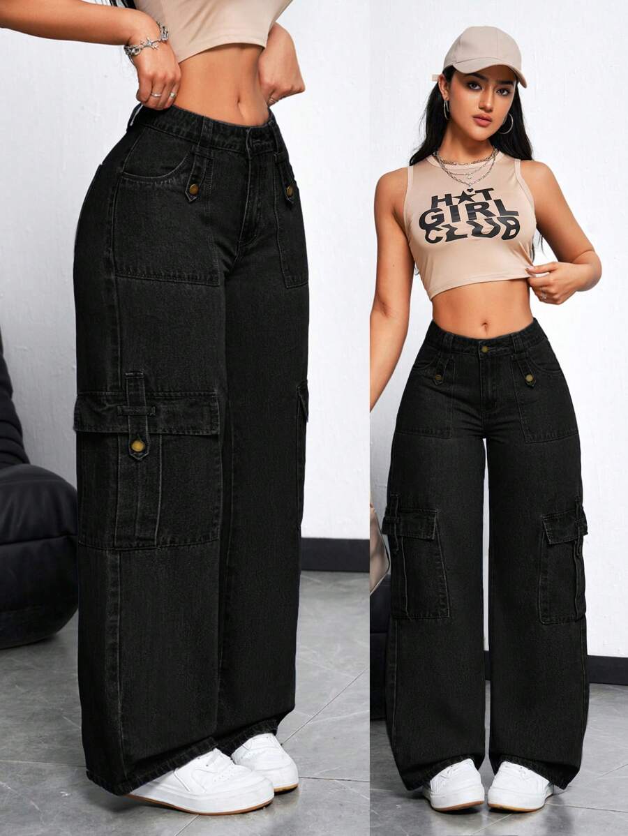 SHEIN ICON Damen Cargo Taschen Weites Bein Lässige Relaxed Jeans