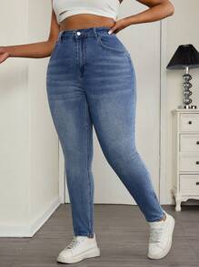 SHEIN Essnce Plus High Waist Skinny Jeans - Medium Wash - View 3