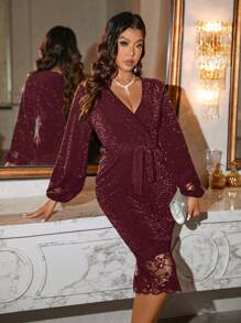 SHEIN Clasi Damen einfarbiges Kleid mit Laternärmeln, V-Ausschnitt und Pailletten, mittellang, Abendkleid in Burgunderrot, Maxikleid Outfit für Damen