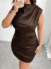 Firerie Đầm mini không tay dáng suông cổ điển gợi cảm thanh lịch dành cho nữ cỡ lớn màu trơn không đối xứng, eo nhún, thu/đông - màu nâu - Xem 6