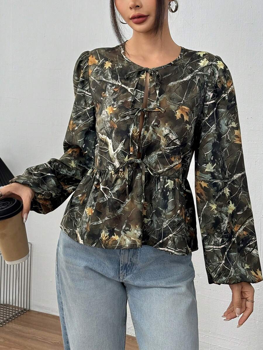 INAWLY 系带前宽松抽绳女式衬衫荷叶边上衣 - 彩色 - 查看 1