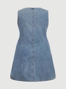 SHEIN MOD Plus Size Women's V-Neck Single Breasted Denim Dress, Sleeveless Waist Defined A-Line Dress