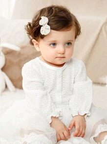 SHEIN 新生女婴纯色长袖连衣裙，腰部蝴蝶结装饰，舒适针织撞色蕾丝网眼薄纱裙，可爱优雅时尚，春夏秋季 - 白色 - 查看 5