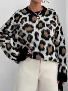 EURMUSE Women Round Neck Leopard Print Soft Touchdrop Shoulder Loose Sweater Pullover