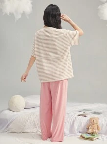 DAZY Ensemble Top rayé imprimé animal mignon et pantalon de pyjama droit et ample