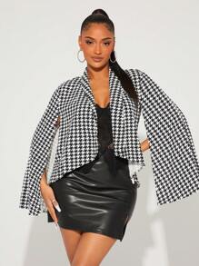 SHEIN SXY Women's Black & White Houndstooth Blazer Poncho Coat, Autumn Winter