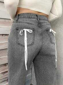 RueChic Hıgh Waist Straight Jean With Ribbon - Medium Wash - View 6