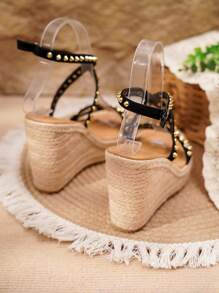 Fashionable Casual & Comfortable Riveted Wedge Platform Rope Sandals For Teenagers - Black - View 4