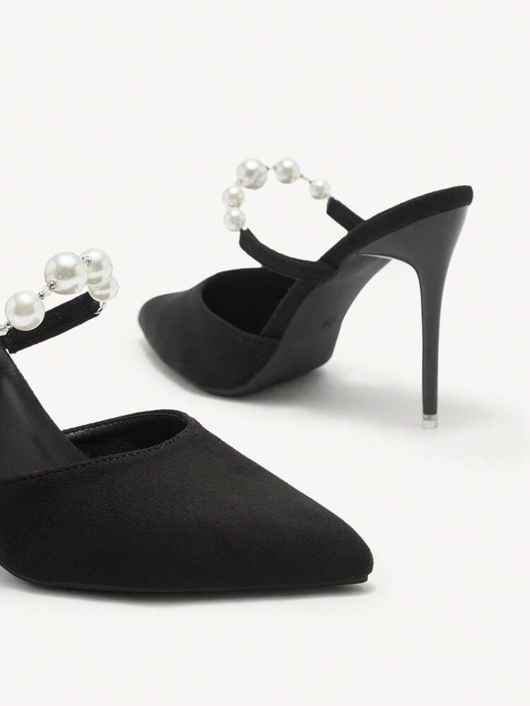 CUCCOO CHICEST Pointed Toe Slender High Heel Faux Pearl Chain Black Sexy Stiletto Pumps, Versatile Mules High Heels, Elegant For Party, Formal Occasion Valentines
