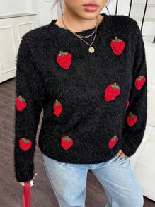 Calvaya Oversized Damen Plüsch Sweatshirt, Lässig & Pendeln, warm & bequem, schwarz mit Erdbeere Dekoration, gestrickter Stoff, Herbst/Winter Grafik T-Shirts Damen Tops - Schwarz - Übersicht 8