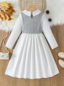 Tween Girls Children Long Sleeve Shirt Collar Splicing Dress, Autumn/Winter - Multicolor - View 2