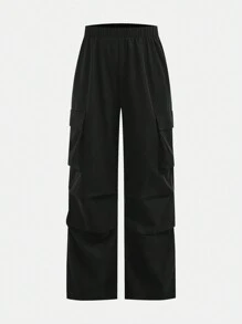 SHEIN Girlism 2pcs Teen Girls Solid Color Letter Print Hoodie & Cargo Pants Casual Outfit - Grey - View 4