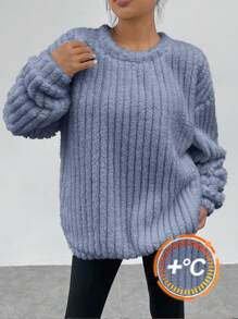 SHEIN Girlism Teen Girls' Fluffy Knitted Loose Casual Versatile Crew Neck Sweatshirt, Autumn/Winter - Dusty Blue - View 12