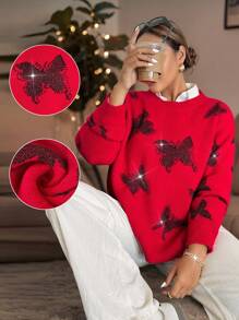 Calvaya Áo len cổ tròn dáng rộng, chất liệu cao cấp, đính đá và sequin hình bướm, thích hợp mặc hàng ngày vào mùa thu/đông. - Đỏ - Xem 1