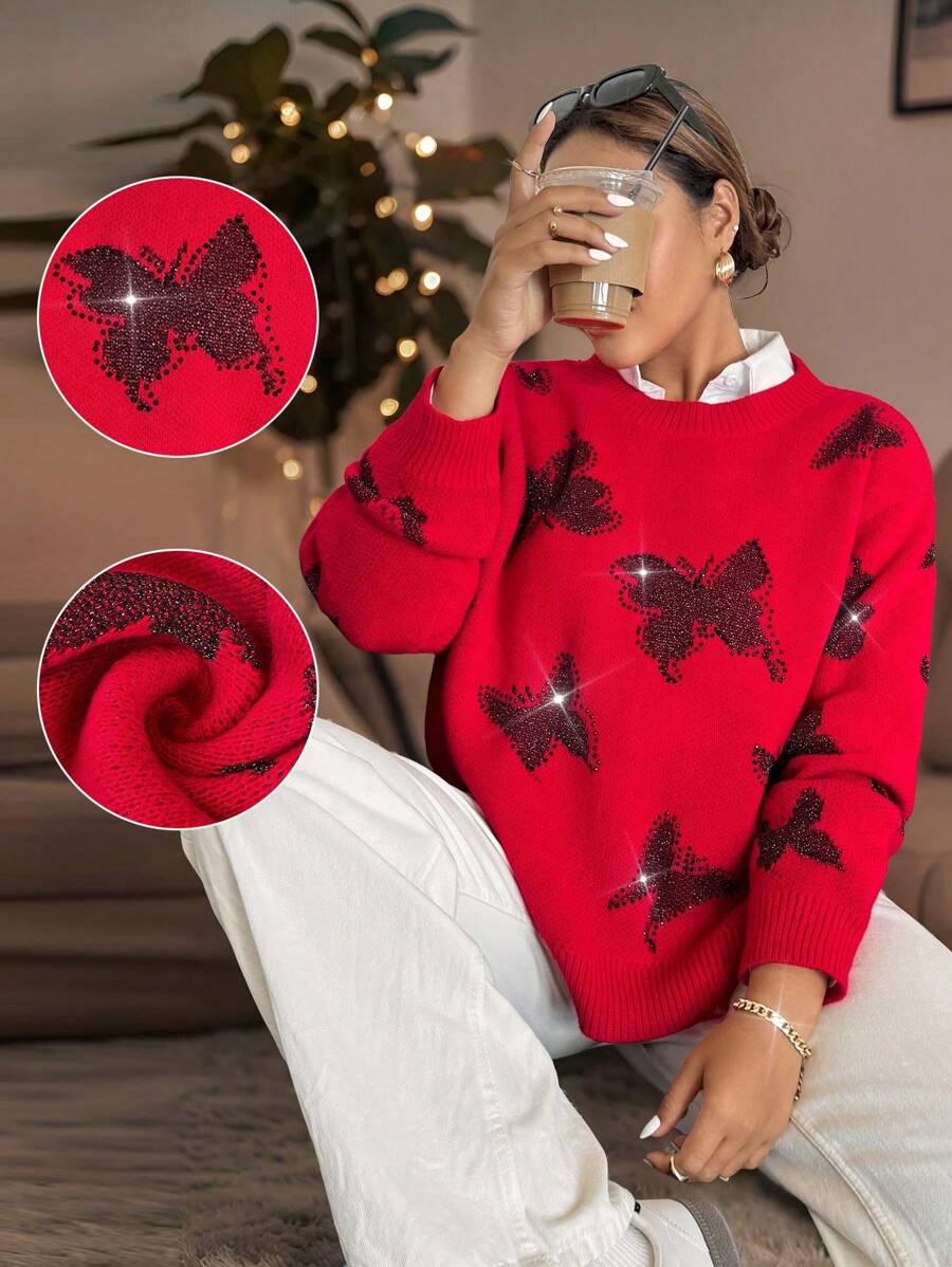 Calvaya Áo len cổ tròn dáng rộng, chất liệu cao cấp, đính đá và sequin hình bướm, thích hợp mặc hàng ngày vào mùa thu/đông. - Đỏ - Xem 1