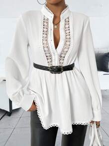 SHEIN Clasi Women's Fashion Regular Shoulder Round Neck White Contrast Lace Waist Long Sleeve Blouse, Autumn/Winter Peplum Top Fall Cloth For Women