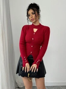 Elenzga Suéter ajustado de unicolor y calado elegante, jersey de punto de otoño/invierno - Burdeos - Ver 3