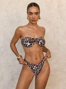 SHEIN Swim Conjunto de bikini con estampado de leopardo, hebilla metálica y diseño sexy para mujer, 2022