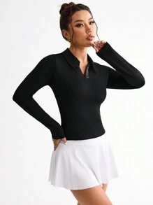 Easithlete Women's Letter Print Turn-Down Collar Long Sleeve Casual Fitness Sports Polo Shirt - Black - View 7