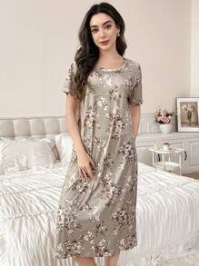 Cămașă de noapte pentru femei, cu guler rotund, mânecă scurtă, imprimeu floral, simplu, casual, Babydoll, PerfectSummer, Moo Moo