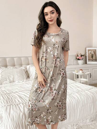 Round Neck Short Sleeve Bloemen Allover Print Nightgown Babydoll Perfect Moo view 4