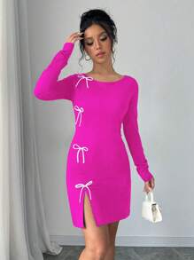 Elenzga 女士圆领长袖开衩下摆优雅蝴蝶结装饰连衣裙