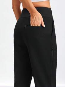 女士纯色休闲宽松运动裤，日常穿着 - 黑色 - 查看 3