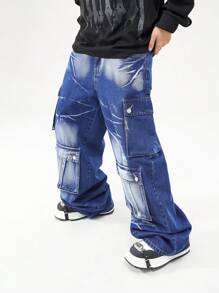 ROMWE MEN Street Life Men's Casual Multi-Pocket Relaxed Fit Jeans - Blue - View 3