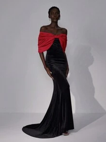 Elitara 女士优雅浪漫露肩超大蝴蝶结拼接喇叭袖黑色天鹅绒美人鱼礼服搭配戏剧性拖尾，适合派对、约会、晚会、婚礼宾客礼服 - 彩色 - 查看 4