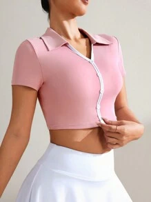 SHEIN Sports 撞色 Polo 领正面仿纽扣运动 Polo 衫 - 彩色 - 查看 3
