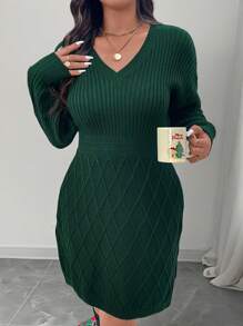 EMERY ROSE Váy len dệt kim màu xanh ô liu cổ chữ V thu đông cỡ lớn cho nữ Giáng sinh - Màu xanh lá cây đậm - Xem 5