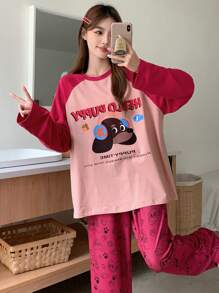 DAZY Cute Cartoon Puppy Print Color Blocking Raglan Sleeve Loose Pajama Set