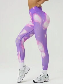 SHEIN Women's Everyday Fitness Sports Tie-Dye Seamless Thermal Leggings, Thick - Purple - View 5